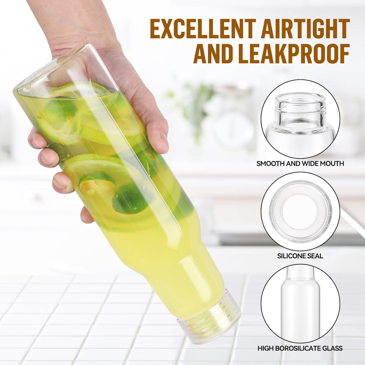 25 Oz Glass Bottles with Lids, Glass Juice Bottles, Smoothies, Water, Milks, Beverage Storage, Clear Glass Jars for Pickles, Food Storage (4 Pack)