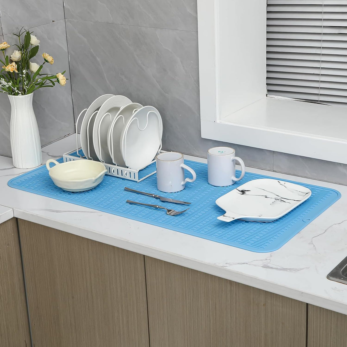 Silicone Dish Drying Mat for Multiple Usage,Easy clean,Eco-friendly,Heat-resistant Silicone Mat for Kitchen Counter or Sink,Refrigerator or Drawer Liner Light Blue 5XL 36inches x 18inches