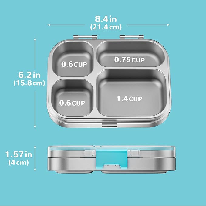 G.a HOMEFAVOR Kids Stainless Steel Lunch Box - 4-Compartment Bento Box with Locking Lid, One-Touch Latch, Leakproof Food Container for School, Travel, 800 ml, Blue