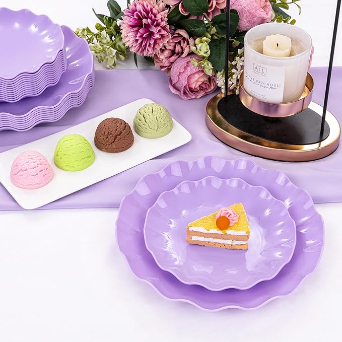 LIYH 24pcs Purple Plastic Plates Reusable, Unbreakable Dinner Plates,Scalloped Plate,Microwave & Dishwasher Safe Unbreakable Party Plate for Birthday (12Guests)