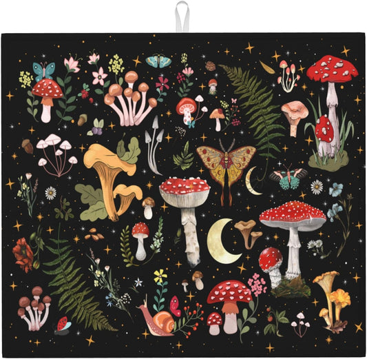 Mushroom Dish Drying Mat for Kitchen Counter Moth Gothic Witchy Dish Drainer Rack Mats 16x18 Inch Absorbent Reversible Black Drying Pad
