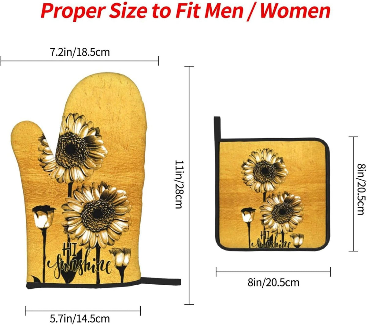 Sunflower Oven Mitts and Pot Holders Sets, Heat Resistant Gold Kitchen Oven Glove for Kitchen BBQ Baking Grilling Cooking, Sunflower Gifts for Women Cooks Bakers Cooking Lover