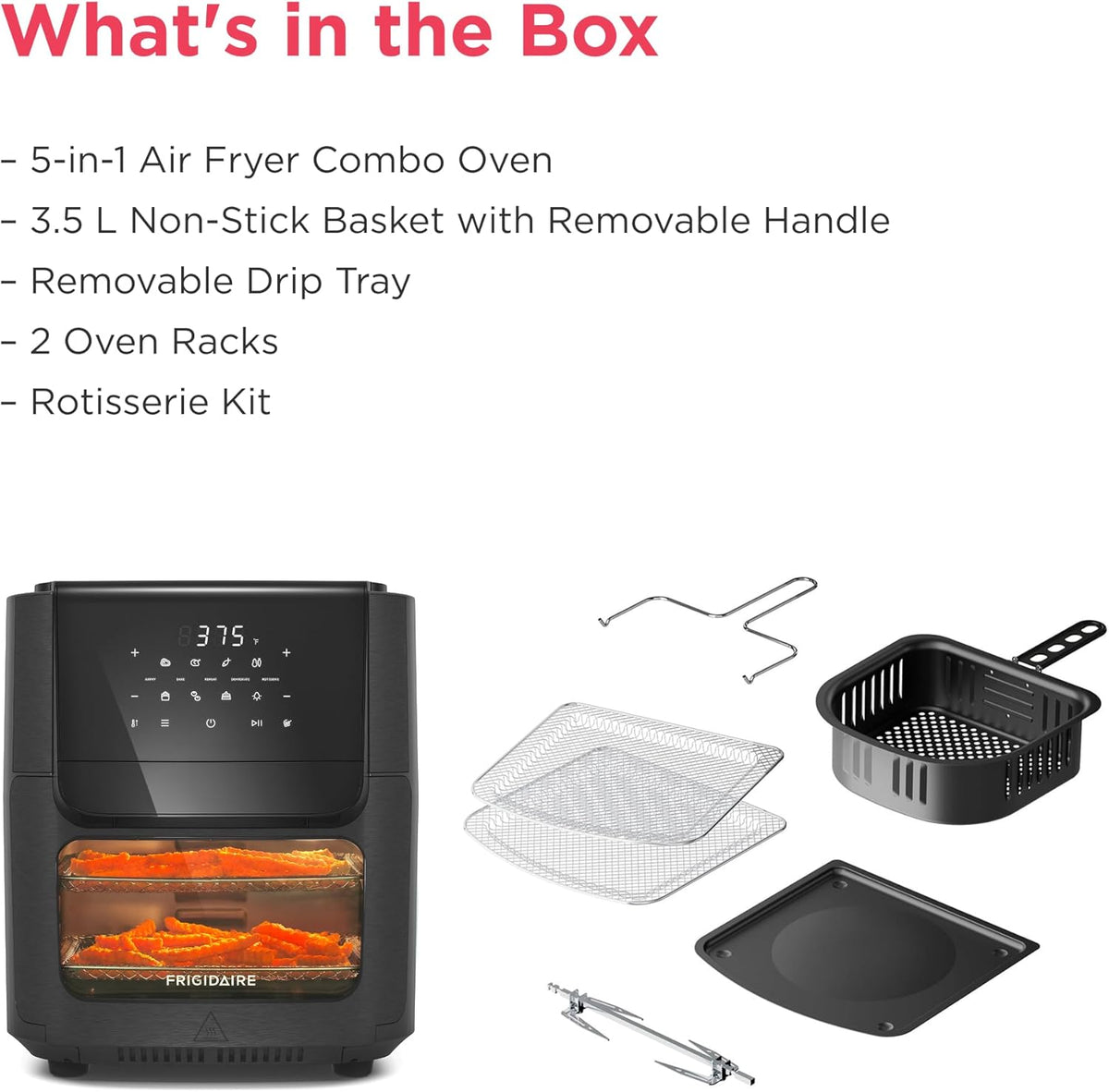 Frigidaire 5-in-1 Air Fryer Combo Oven with Viewing Window, Large 12.6 QT Capacity, Digital Display, 5 Cooking Modes, 7 Recipe Presets, Automatic Shake Reminder, PFAS-Free Cooking Surfaces, Black
