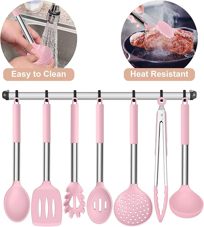 E-far Silicone Cooking Utensils Set, 7 Pcs Heat Resistant Kitchen Utensils with Stainless Steel Handle, Slotted Turner, Spoon, Soup Ladle, Pasta Server, Skimmer, Tongs for Nonstick Cookware, Pink