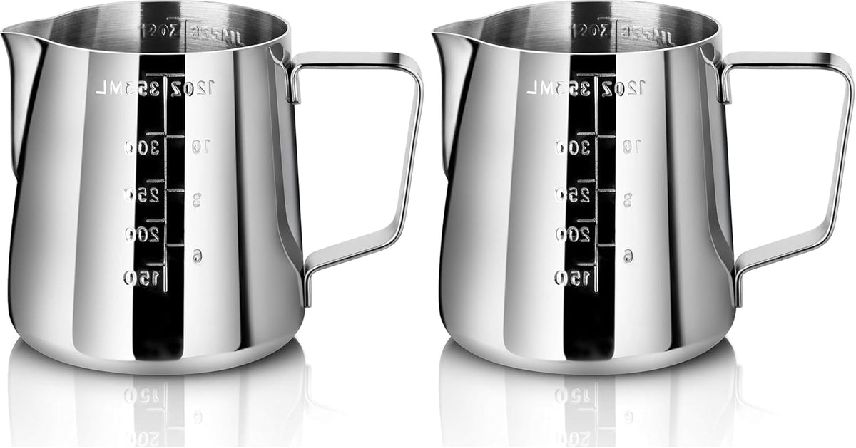 New Star Foodservice 28805 Commercial Grade Stainless Steel 18/8 Frothing Pitcher, 12-Ounce with Measurement Scale (Pack of 2)