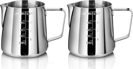 New Star Foodservice 28805 Commercial Grade Stainless Steel 18/8 Frothing Pitcher, 12-Ounce with Measurement Scale (Pack of 2)