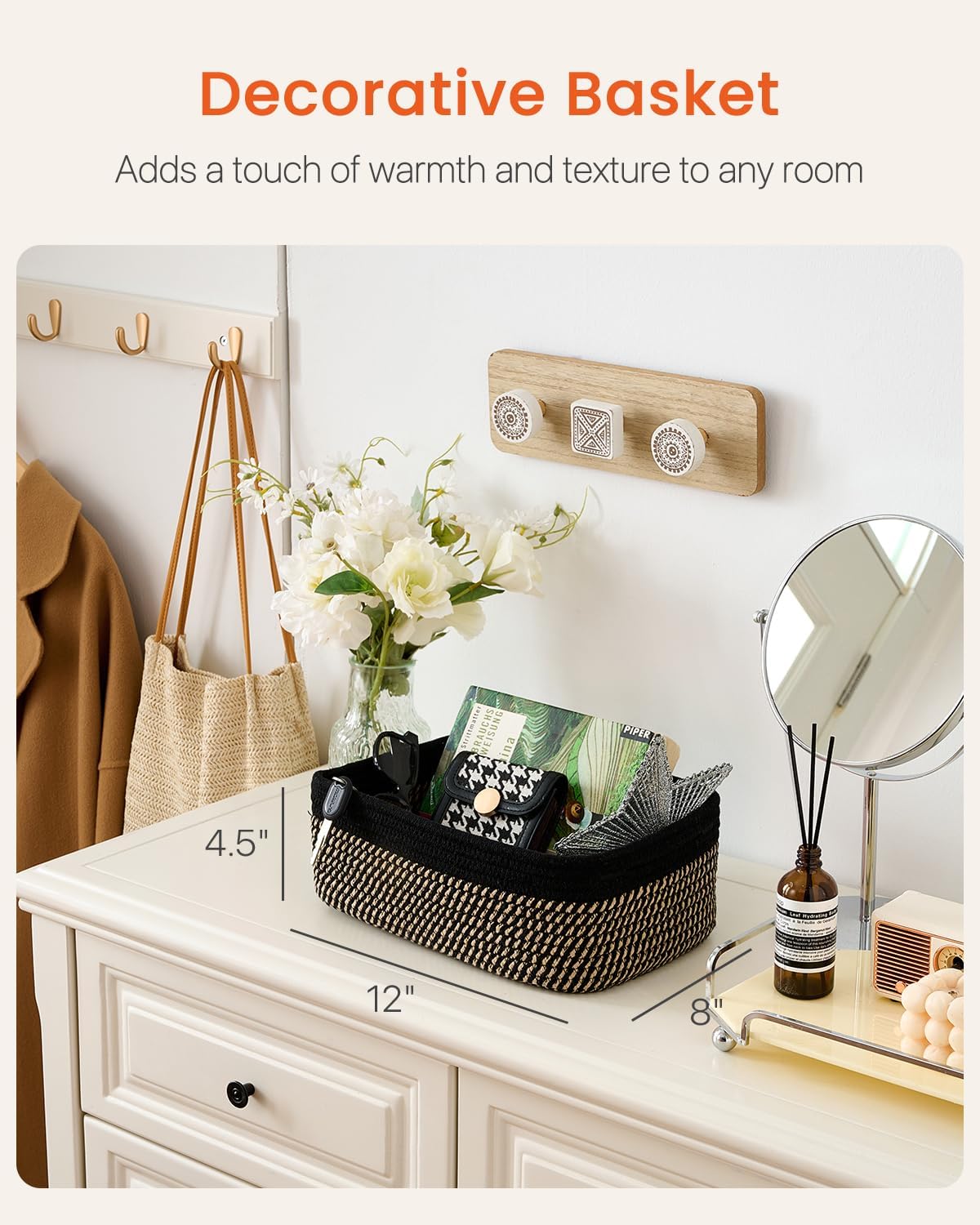 Small Woven Basket, 12 x 8 x 4.5 Inches, Storage Basket for Organizing, Cute Small Rope Shelf Closet Cube Storage Bins Baskets for Shelves, Dog Toy Gift Baskets Empty, 3 Pack Black & Brown