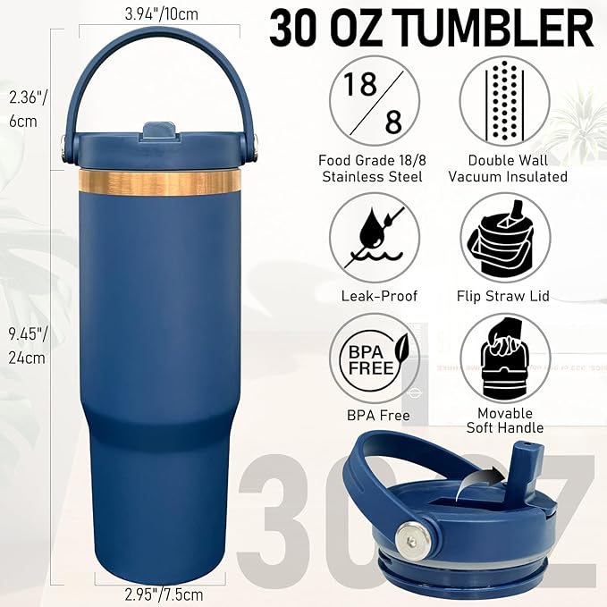 30 oz Tumbler Bulk with Handle and Straw, Vacuum Insulated Tumblers with Flip Straw and Top Handle, Leakproof Powder Coated Tumbler, Stainless Steel Travel Mug for Coffee Water (Navy, 4 Pack)