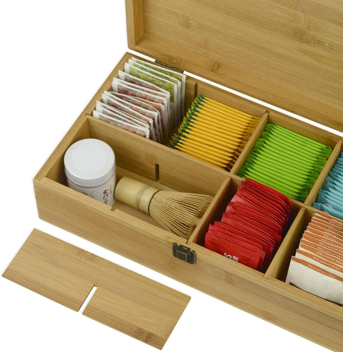 Bamboo Tea Organizer Box Chemical Free Eco-Friendly Big, Tall, Adjustable Cubbies Natural Wooden Storage Chest (8-Slot 14.3" x 8.1" x 4.2" with Tea Time Pot & Cups)