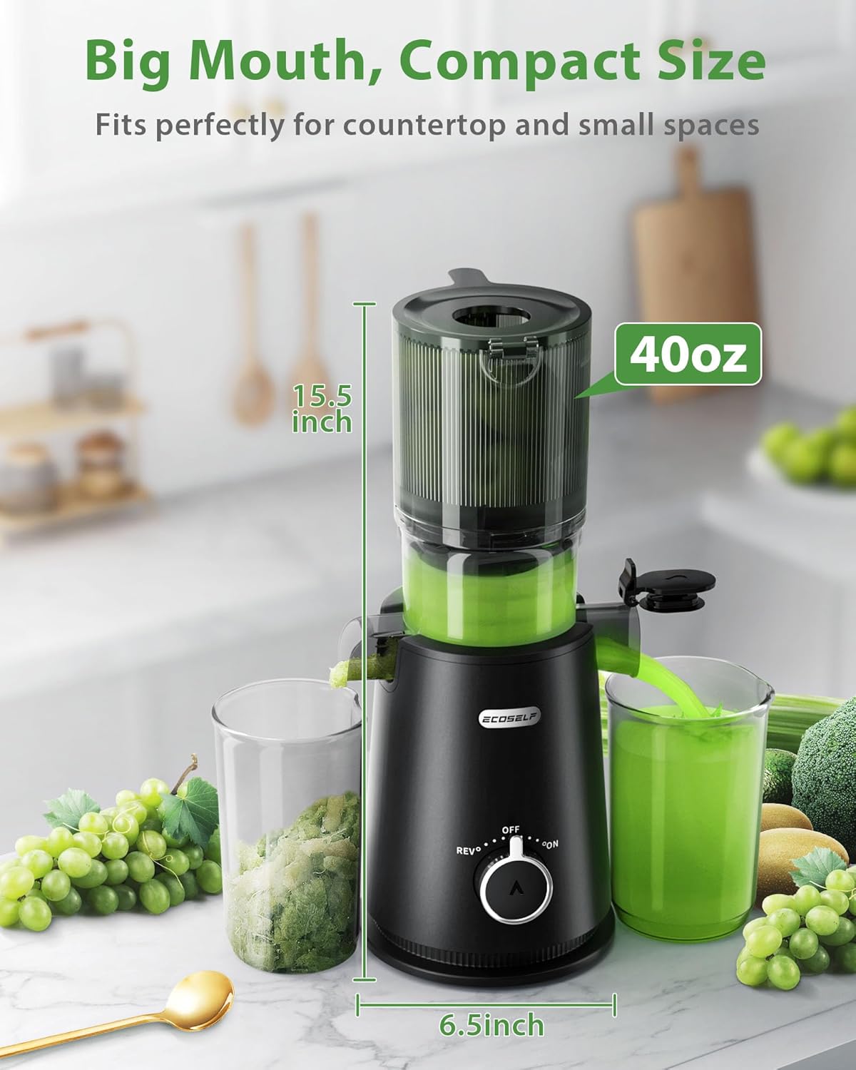 Cold Press Juicer, ECOSELF Juicer Machines with Large Feed Chute for Family Needs, Hands Free For Whole Fruits & Vegetables, Self Feeding for Juice Extractor Machine, Easy to Clean
