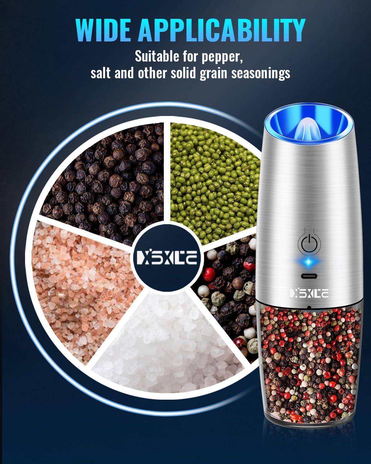 Rechargeable Electric Pepper and Salt Grinder Set, No Battery Needed, whit Gravity Sensing Switch and LED Light, One Hand Automatic Operation, Sliver, 2 Pack