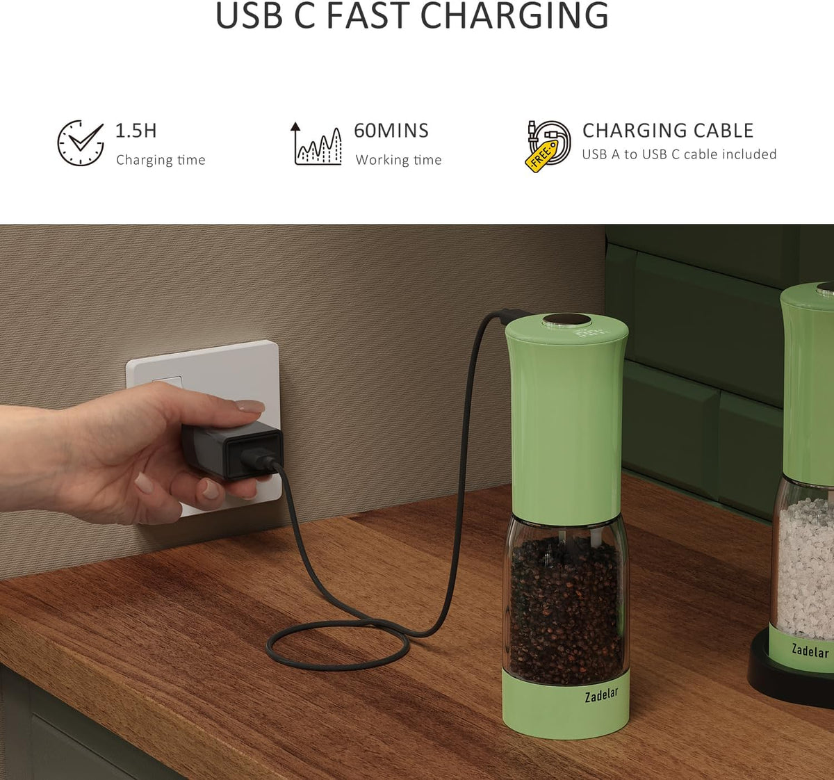 Electric Salt and Pepper Grinder Set with LED Power Display,Larger Capacity Salt and Pepper Shakers Set Rechargeable Electric with Flexible Coarsenes,LED Light,One Hand Operation for Kitchen(Green)