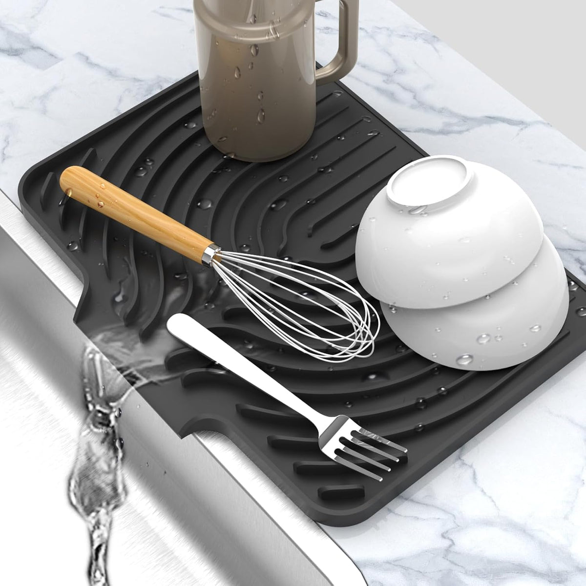Dish Drying Matt for Kitchen Counter,14.6"×11"Silicone Dry Rack Mat with Built in Drain, Kitchen Dry Mats for Dishes Drying Pad for Counter(Black)
