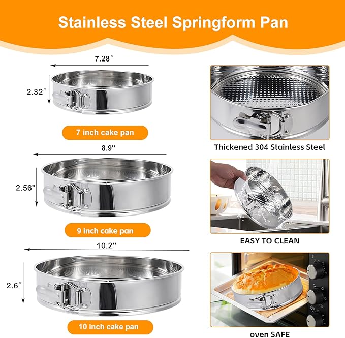 Aufind Springform Pan Set for Baking (7,9,10inches), 304 Stainless Steel Springform Cake Pan with Removable Bottom, Cheesecake Pan with 50PCS Parchment Paper for Pie Cake Pizza and Quiches