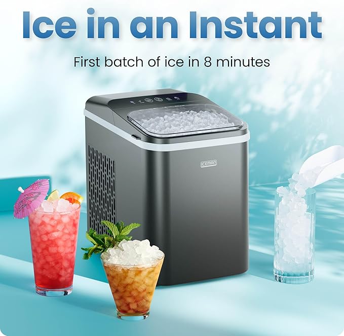 Iceman Compact Pebble Ice Machine, Countertop Nugget Ice Maker Produces Chewable Pellet Ice in 8 Minutes, Makes 26lbs/Day, One-Touch Cleaning Function with Ice Scoop/Basket Included – Black
