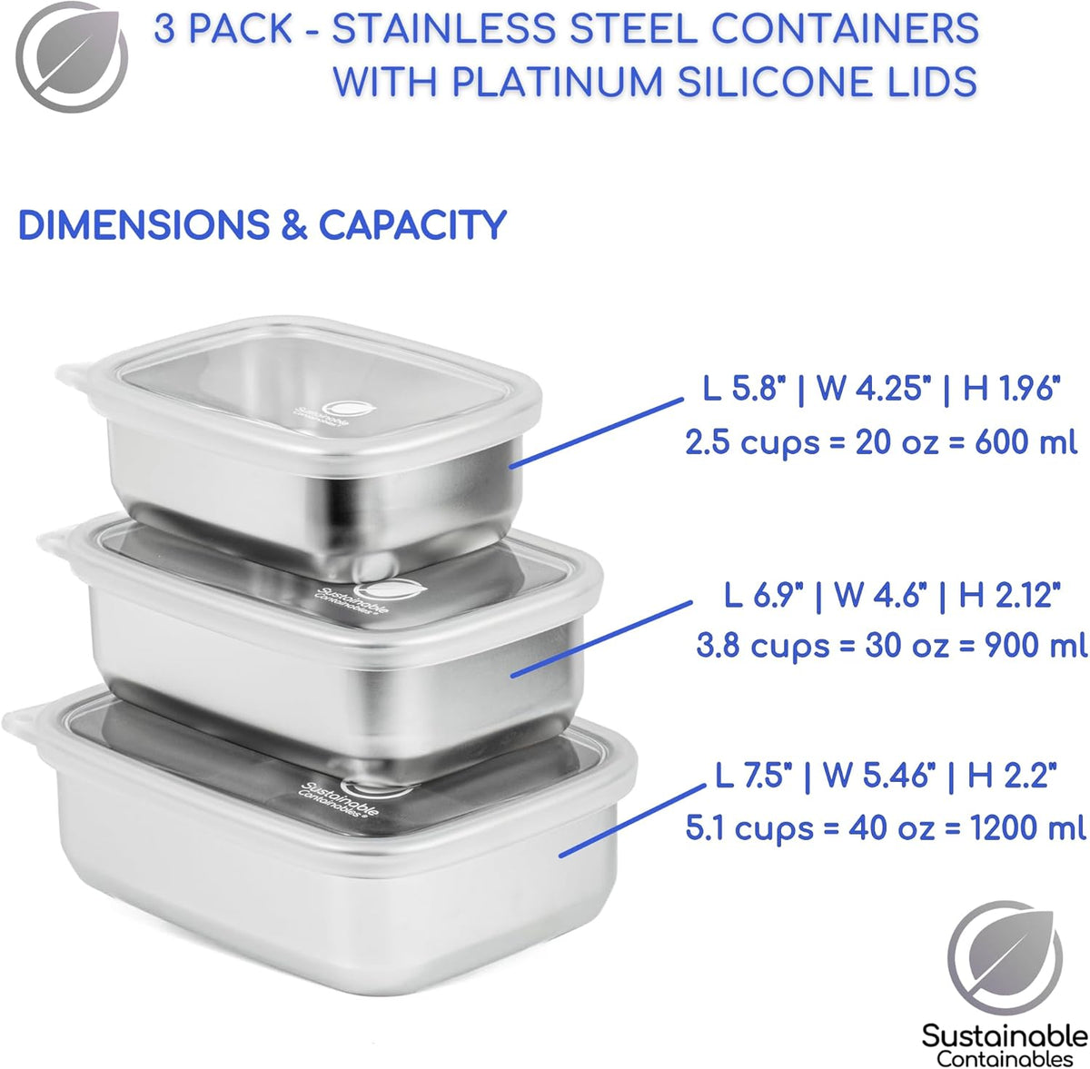 Stainless Steel Food Storage Containers with Clear Platinum Silicone Lids, Airtight, Leakproof 18/8 (304) Food Grade SS Nested 3Pk 20/30/40 oz Plastic-Free