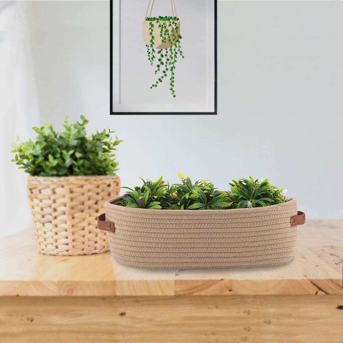 Storage Basket Boho Decor Baskets for Organizing Woven Decorative Basket for Countertop Toilet Paper Basket for Toilet Tank Top Shelf Basket with Handle Khaki