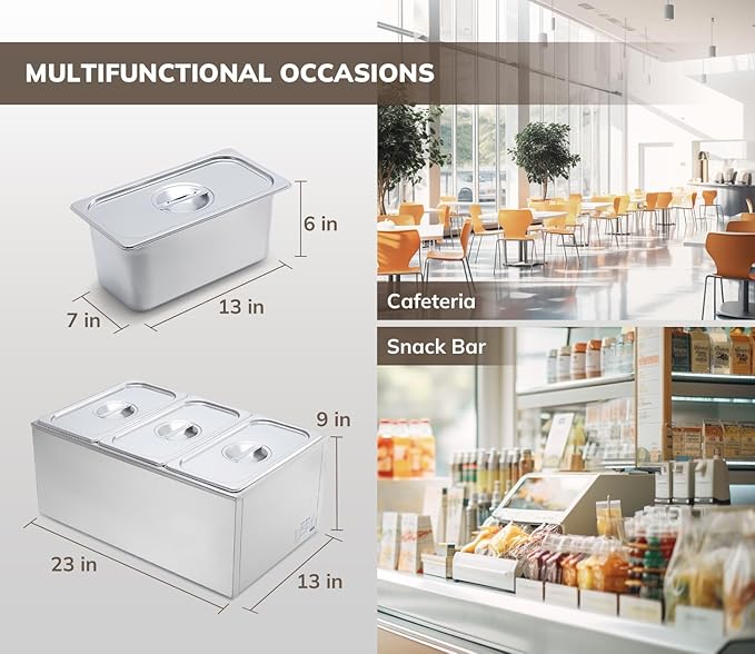 SYBO Commercial Grade Stainless Steel Bain Marie Buffet Food Warmer Steam Table for Catering and Restaurants, Good for Parties Buffet Servers and Warmers, 3 Sections with Tap, Sliver