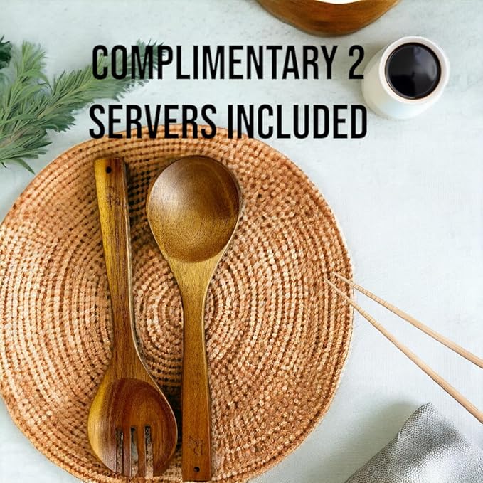 Extra Large Wooden Salad Bowl - 12“ x 5” Acacia Wood Serving bowl with 2 servers, Large Fruit bowl for food with serving utensils, Housewarming Wedding Christmas Gift