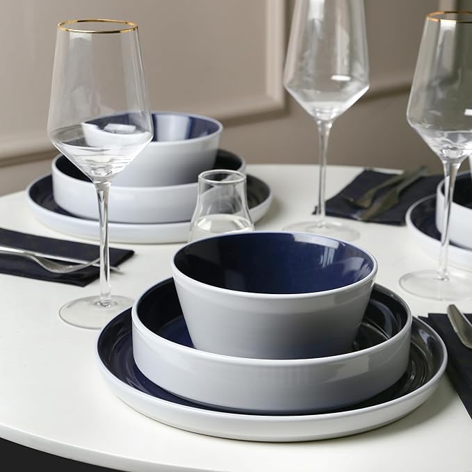 Stone Lain Elica 24-Piece Modern Dinnerware Set Stoneware, Plates and Bowl Sets for 8, Navy and White