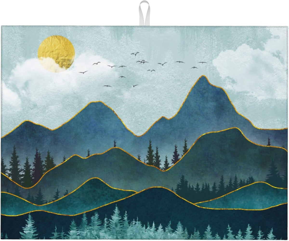Mountain Peaks Nature Landscape Microfiber Dish Drying Mat for Kitchen Counter 18"x24" Modern Decorative Dishes Pad Dish Drainer Rack Mats Washable Absorbent Fast Dry