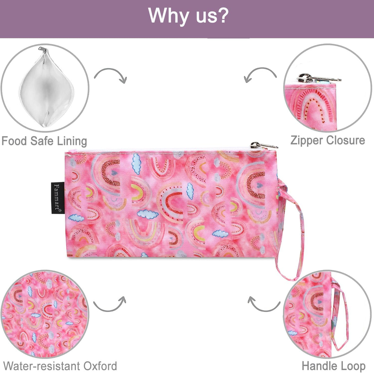 Reusable Sandwich Bag/Snack Bag for Kids & Adults, Dual Layer Lunch Bag with Handle, Washable, Food Safe, BPA Free (2-Pack, Rainbow)