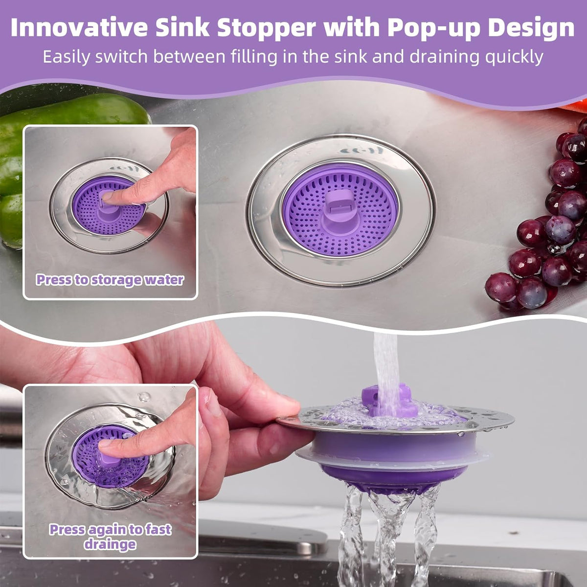 Hibbent 2 Pack Universal 3 in 1 Kitchen Sink Drain Strainer with Sink Stopper, Chrome Stainless Steel Wraped Shell, Anti-Clogging Basket Strainer with Handle, Fit for US Standard 3-1/2" Drain, Purple