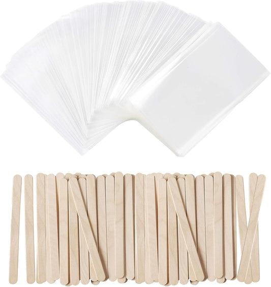 100 PCS Cake Popsicle Sticks and 200 PCS Cake Pop Bags Set, Food Grade 3.15 * 6.69 Inch Popsicle Bags for DIY Ice Popsicle and Cake Pop Mold, 4.5 inch Ice Cream Sticks