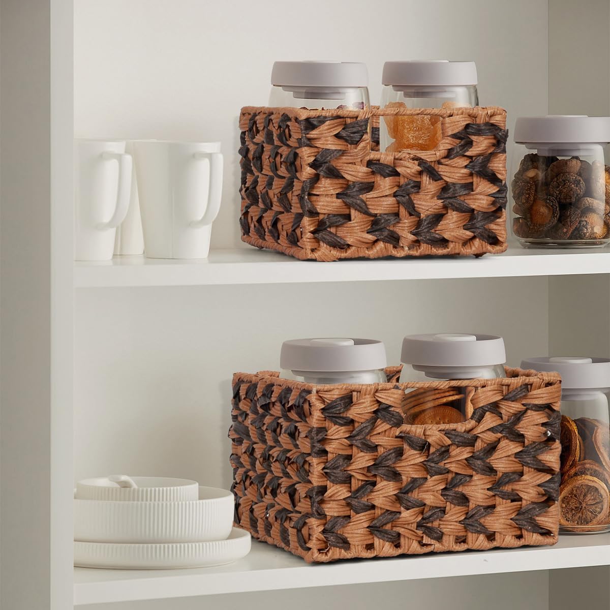 Wicker Baskets, Decorative Storage Boxes with Handles, Rectangular Plastic Wicker Woven Storage Basket for Organizing, 2 Pack Large and Small (Brown & Gray)