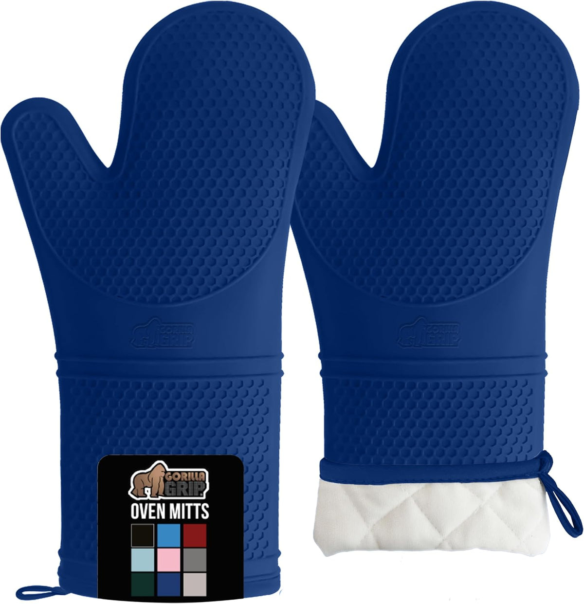 GORILLA GRIP BPA-Free Soft Silicone Oven Mitts, 14.5x8.3, Heat Resistant and Waterproof Cooking Gloves, Thick Cotton Lining, Flexible Gripping for Baking Grilling, Kitchen Potholders Set of 2, Blue