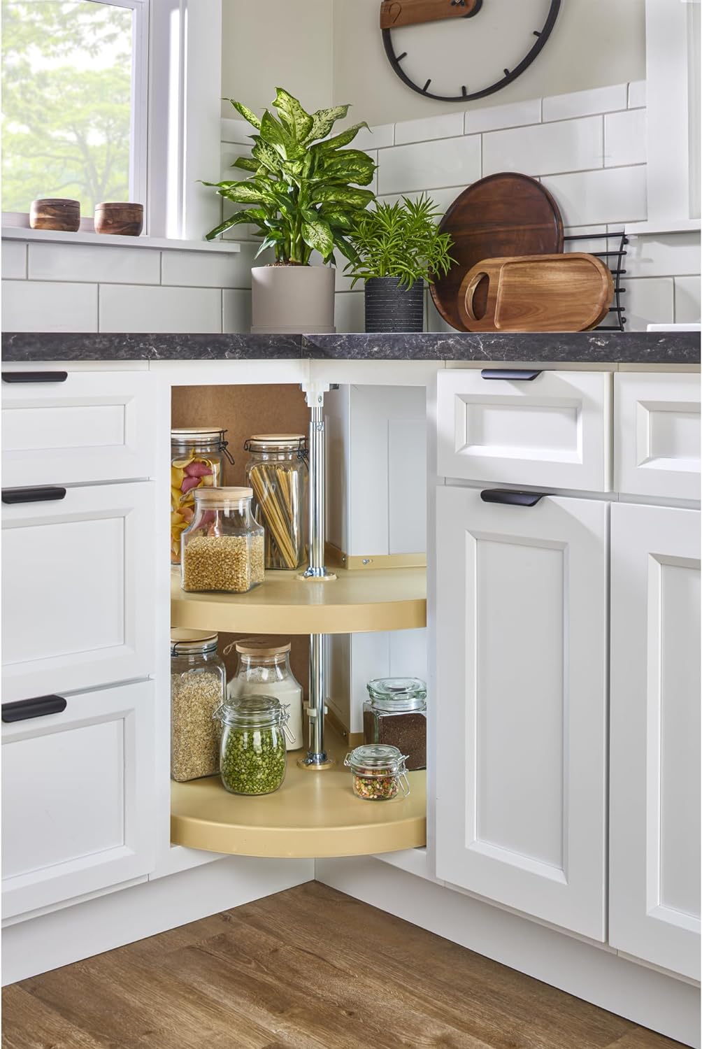 Rev-A-Shelf 2 Tier Pie-Cut Lazy Susan for Corner Base Cabinets, Plastic, 24" Double Shelf Swivel Kitchen Spice/Can Organizer, Almond, 6942-24-15-52