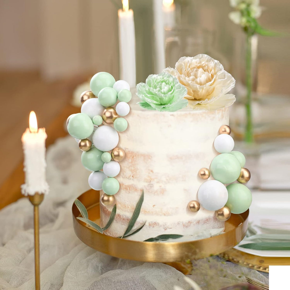 108 Pcs Balls Cake Topper DIY Cupcake Insert Foam Balloons for Cake Baking Wedding Anniversary Birthday Decoration(White, Green, Gold,Multi Sizes)