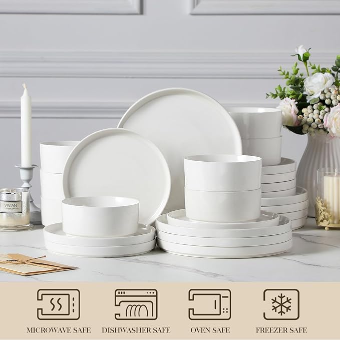 MALACASA 24 Pieces Porcelain Dinnerware Set, Modern White Dish Set for 8, Premium Serving Plates and Bowls Sets, Chip and Scratch Resistant Dishware Sets Kitchen Dishes Dining Ware Set, Series LEAH