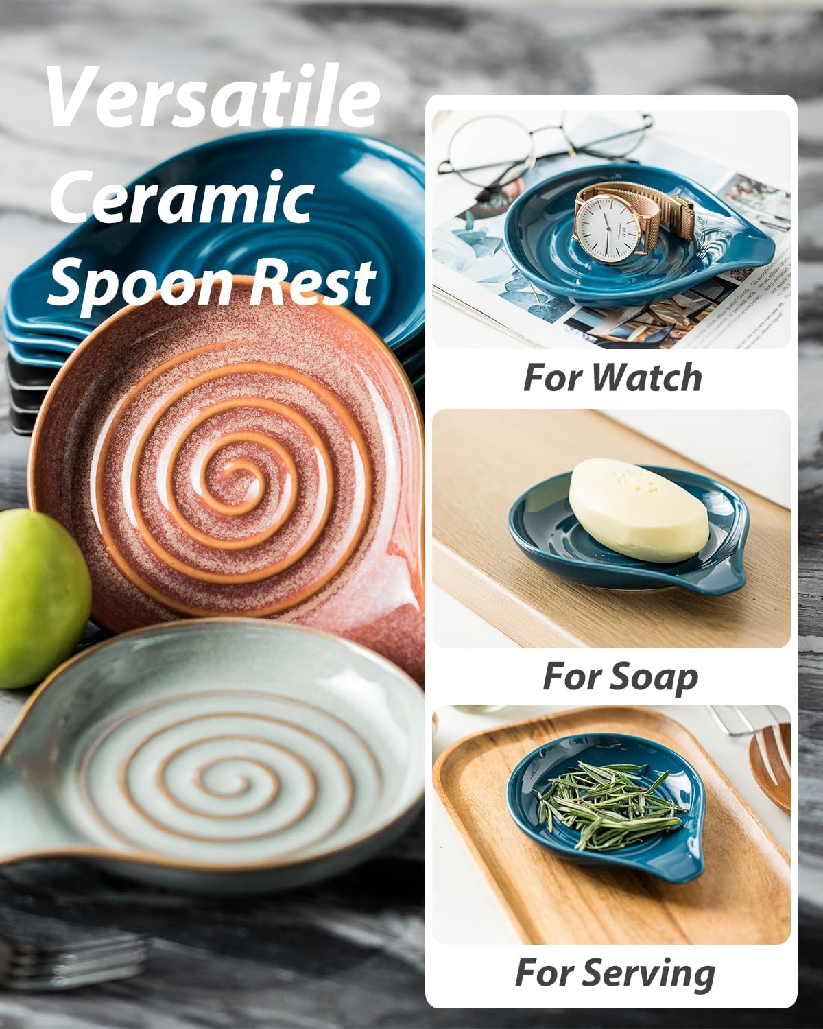 Spoon Rest for Stove Top Cooking Spoon Holder for Kitchen Countertop Large Holder for Spatula, Spoons or Tongs, Framhouse Decor, Blue