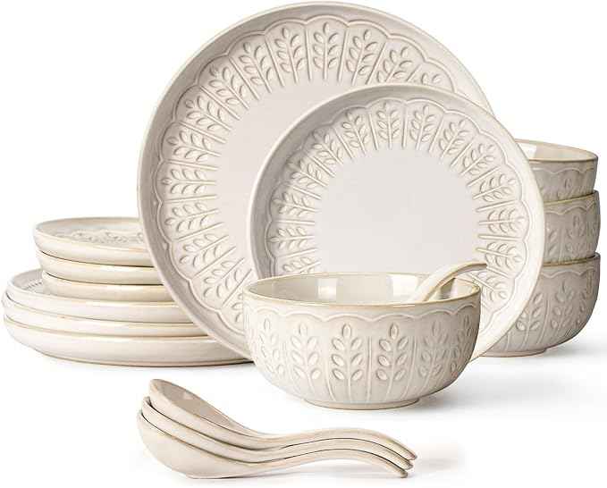 Artena Plates And Bowls Sets, 16 Pieces Dinnerware Sets, Dish Set For 4, Ceramic Kitchen Bowl And Plate Set, Embossed White Dishware Sets, Dishwasher & Microwave Safe (Wheat Leaf)