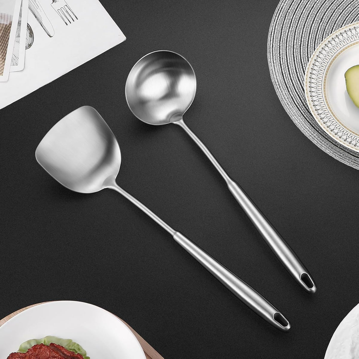14-15" Wok Spatula and Ladle,2 PCS Wok Tools Set,304 Stainlss Steel Cooking Utensils,Matte Wok Accessories,Solid Wok Utensils