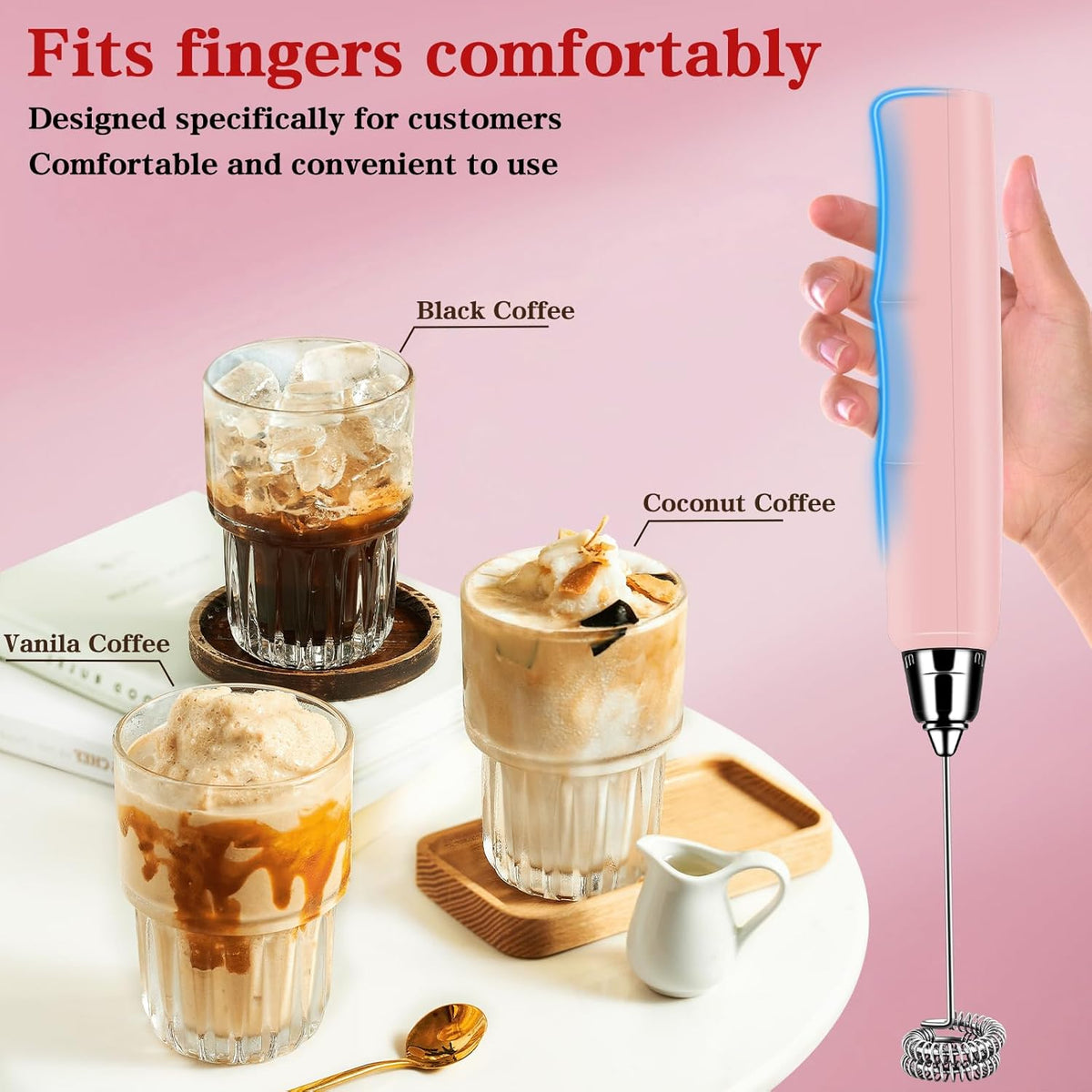 Milk Frother Handheld for Coffee, Electric Whisk 3 Speed Adjustable, Drink Mixer with Stainless 3 Whisks, Rechargeable Hand Frother Wand, Foam Maker for Latte Cappuccino Hot Chocolate Egg Pink