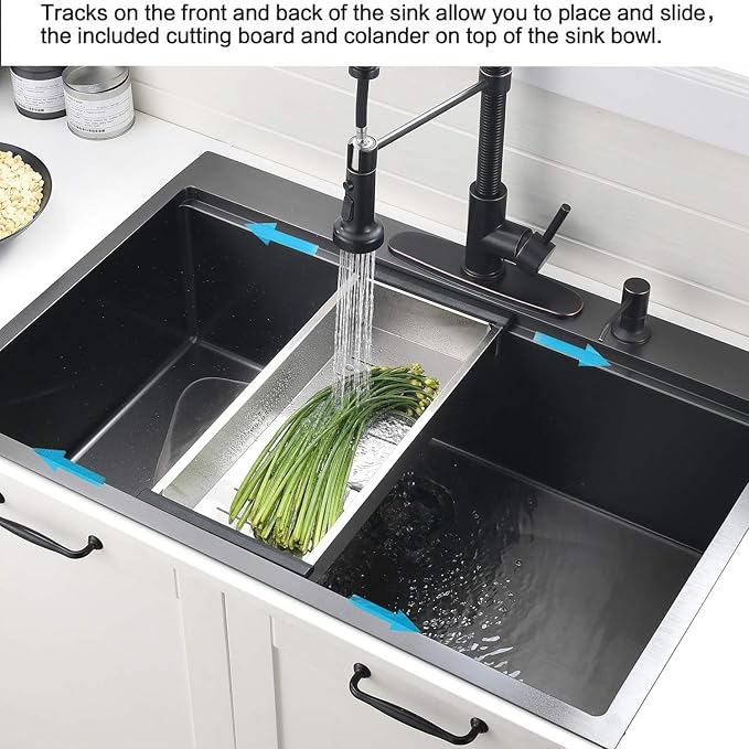 33 Inch Black Drop In Kitchen Sink Workstation - VOKIM 33x22-Inch Drop In Sink Stainless Steel Top Mount 16 Gauge Single Bowl 10'' Deep Handmade Kitchen sink with Cutting Board& Strainer