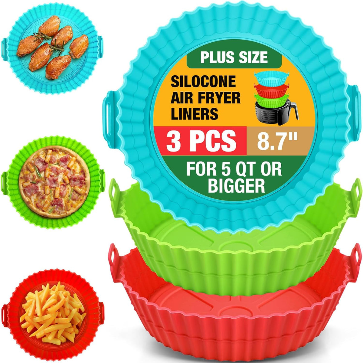 3 Pack Air Fryer Silicone Liners for 5 QT or Bigger, Reusable Food Grade Silicone Airfryer Liners Pot Baking Basket Accessories Replacement of Flammable Disposable Parchment Paper Top 8.7 inch