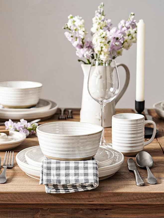 LE TAUCI Dinnerware Sets 16 PCS, Stoneware Plates and Bowls Set, House Warming Wedding Present, Serve for 4 (10" Dinner Plates + 8" Salad Dish + 28 oz Cereal Bowl+12oz coffee mugs) x 4, Arctic White