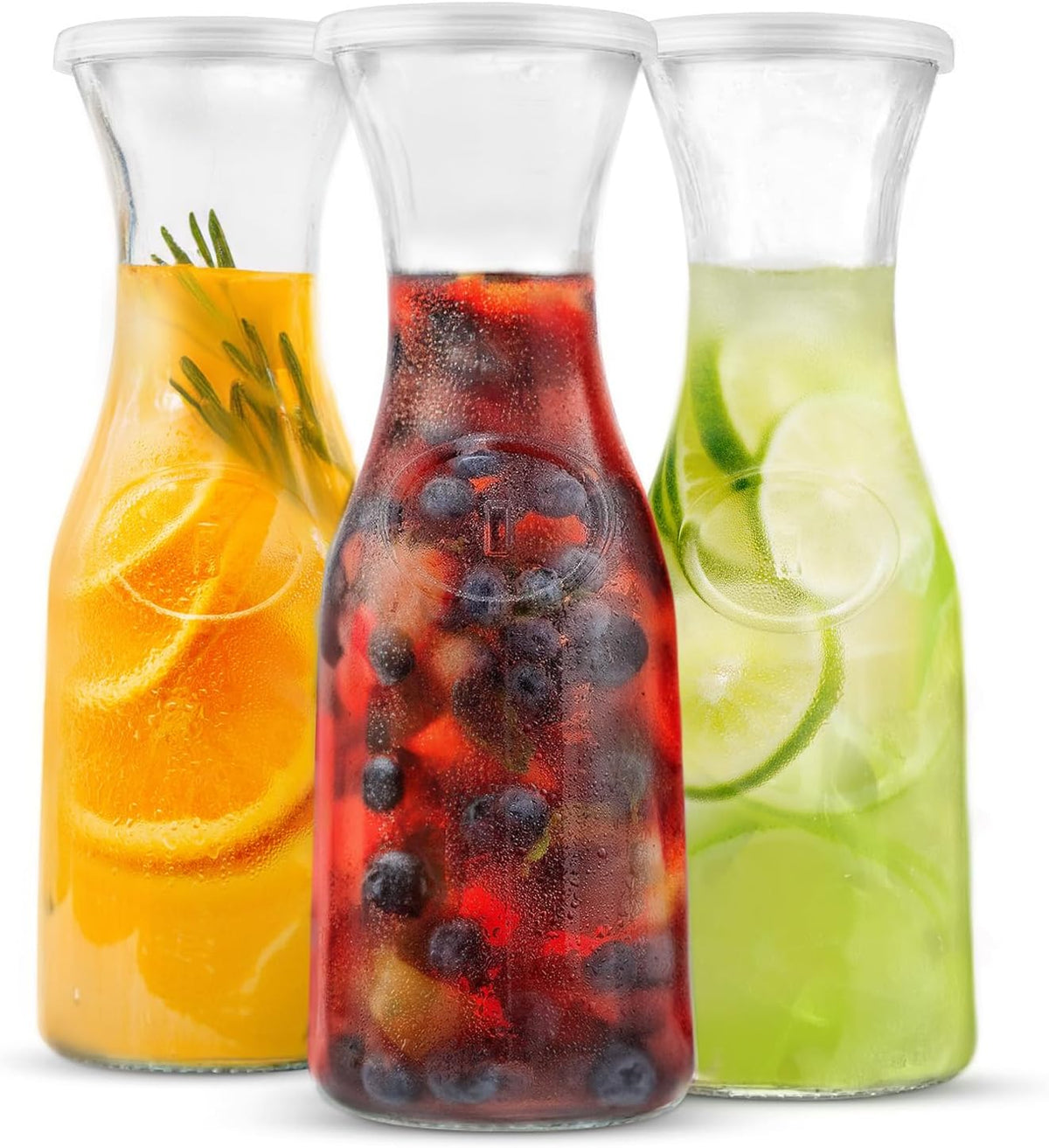 KooK Glass Carafe, Mimosa Bar Supplies, Carafe Pitchers with Lid, Set of 3, Glass Water Pitcher, Drink Dispensers for Parties, Tea, Wine, and Juice, Plastic Lids, Dishwasher Safe, 35 oz