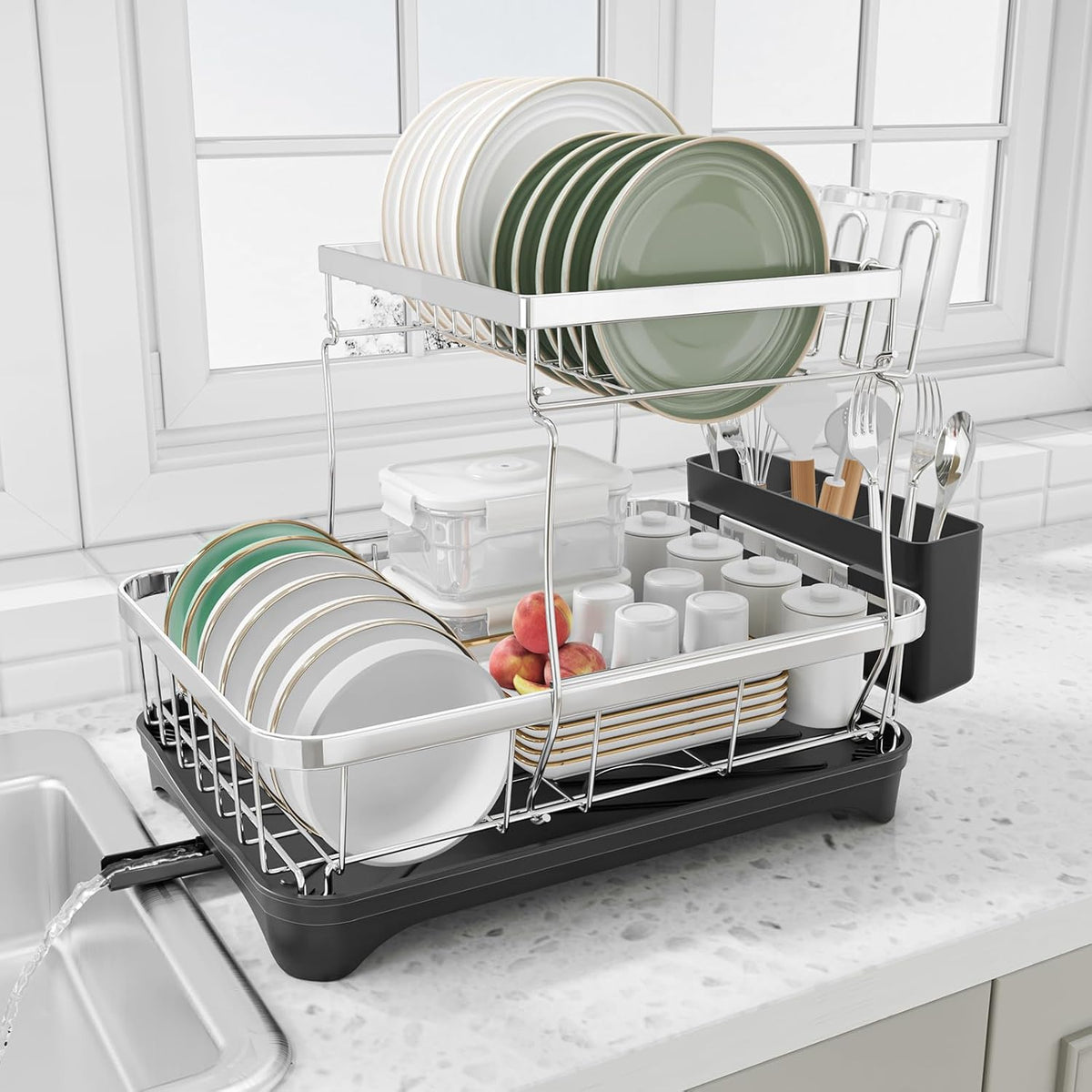 Dish Drying Rack - 2-Tier 304 Stainless Steel Dish Rack for Kitchen Counter, Adjustable Spout Auto-Draining Dish Rack, Kitchen Organizers and Storage Rack with Drainboard and Cutlery Holder Black