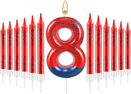 13 Pcs Spider Themed Birthday Candle Set Red Spider Theme Number 8 Candle Cake Topper for Boys Girls Birthday Decoration Spider Party Decoration Supplies (Number 8)