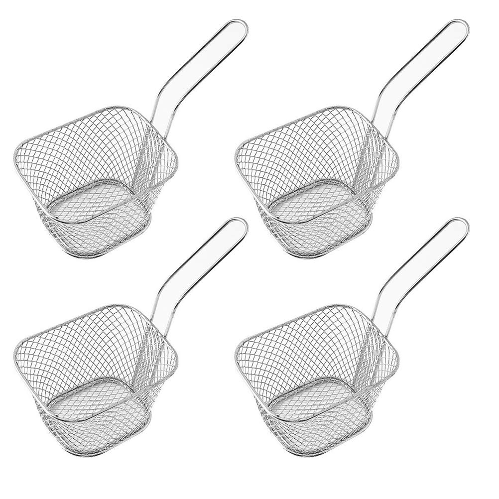 4 Pcs Mini Square Fry Baskets, 4.13×3.3×2.5inch Stainless Steel Fry Basket with Handle Steel French Fry Chip Basket French Fries Desk Food Presentation Mesh Basket Kitchen Cooking Tool