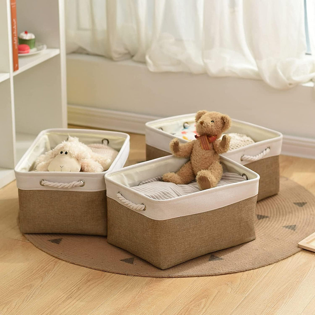 Rectangular Fabric Storage Baskets for Organizing, Shelves, Decorative & Gift (White & Peru)