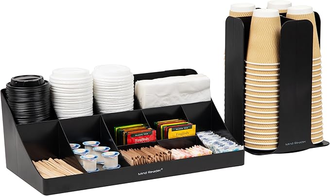 Mind Reader Cup Carousel and Condiment Organizer Set, Countertop Org, Coffee Bar, 7.75"L x 7.75"W x 11.5"H, 2 Pcs., Black