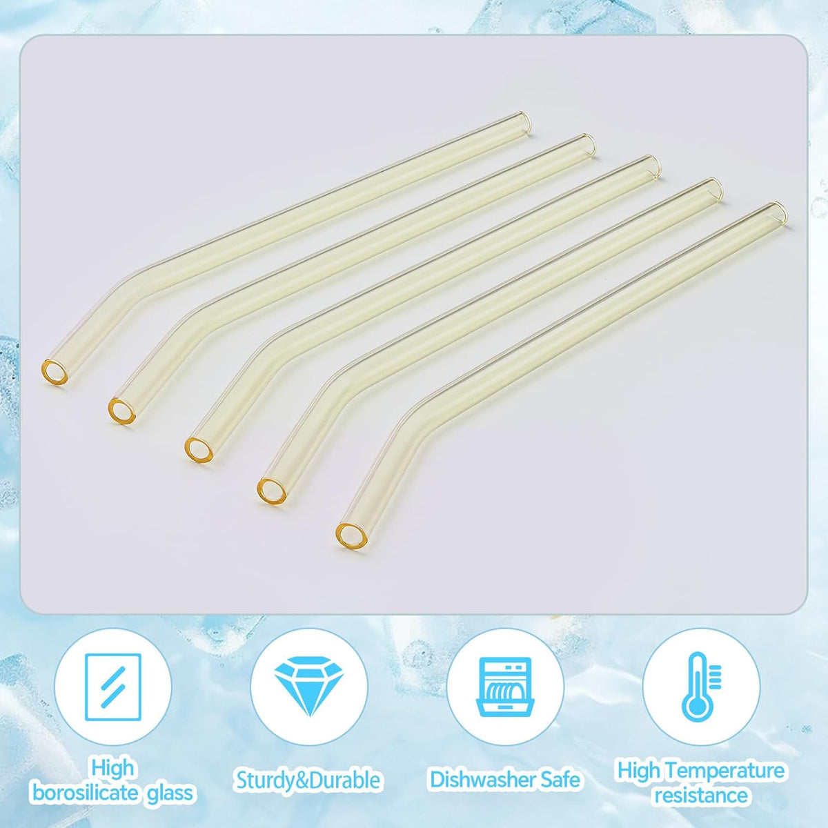 12 Pcs Reusable Glass Straws 8"x 8 mm Bent Glass Drinking Straws with Cleaning Brush for Tea, Smoothies, Milkshakes, Juices,Beverages.(yellow)