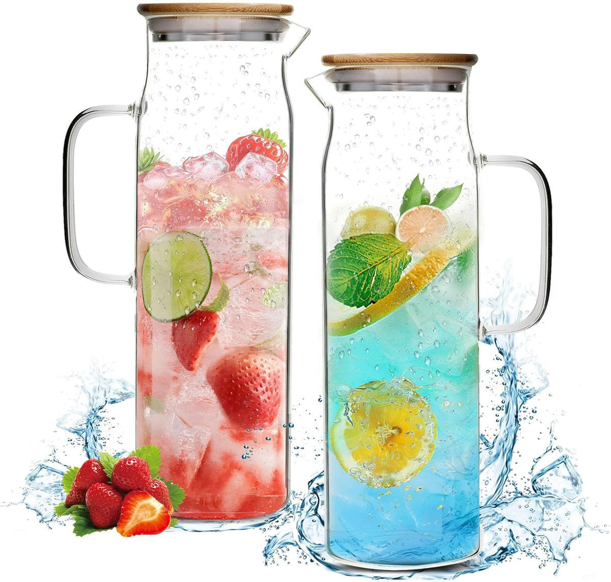 50oz Glass Pitcher with Lid, Glass Water Carafe with Handle, Fridge Water Jug Cold or Hot Beverages, Iced Tea, Milk, Juice (Set of 2)