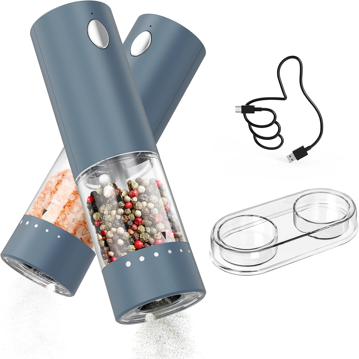 CIRCLE JOY Electric Salt and Pepper Grinder Set Rechargeable Salt and Pepper Mills with Storage Base, Adjustable Coarseness and LED White Light, Washable 95ml Container, Blue