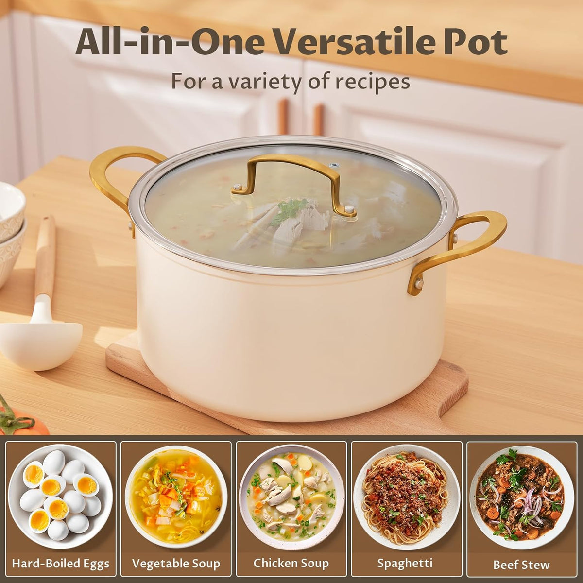 BEZIA 6 Quart Stock Pot with Lid，Ceramic Nonstick Cooking Pot，Soup Pot with Stainless Steel Handle, Tempered Glass Lid, Induction Compatible for Pasta, Soup, Spaghetti，Dishwasher Safe, Cream